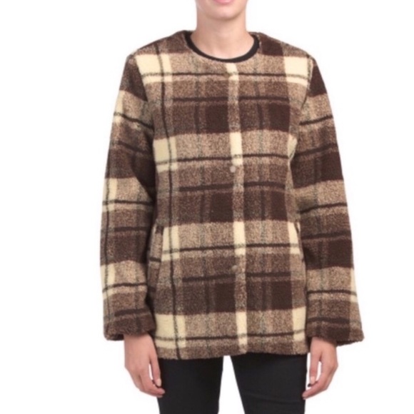 NEW Sanctuary Brown Plaid Snap Sherpa Teddy Coat M - Picture 2 of 10